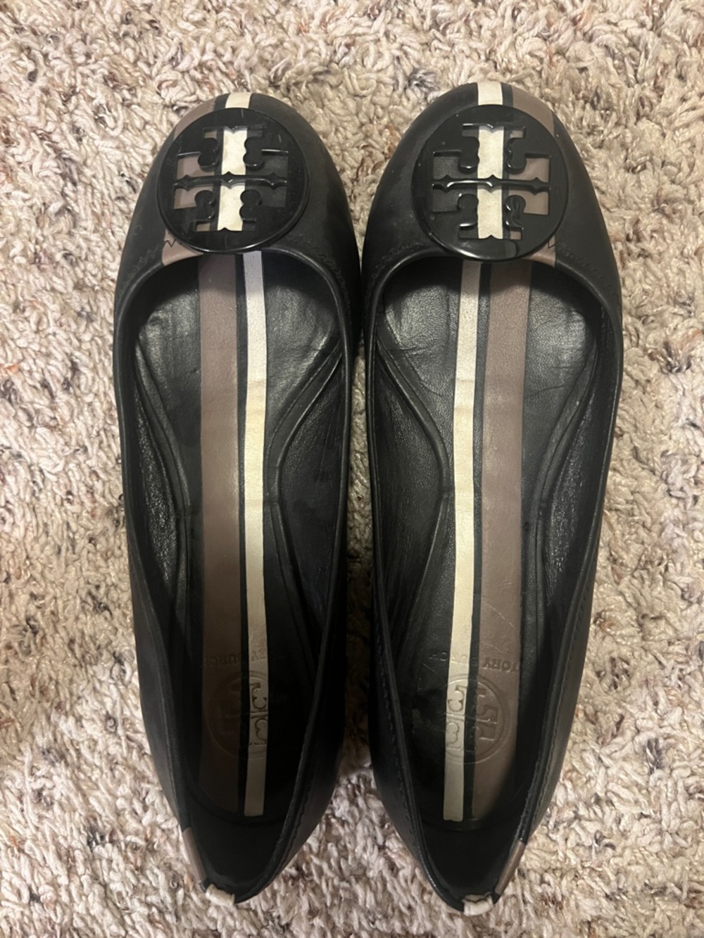 Tory Burch Black Leather Logo Ballet Flats with Brown and Cream Stripes